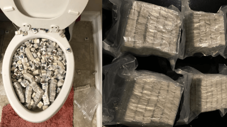 20,000 BAGS OF HEROIN FOUND IN TOILET ALONG WITH 2 KILOS OF COCAINE, AND $180,000 IN CASH