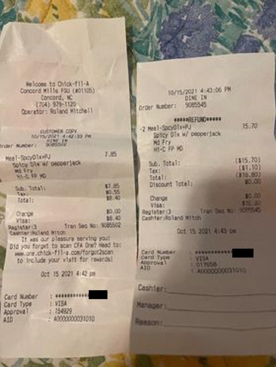 Chick-fil-a receipts, customer was given refund 