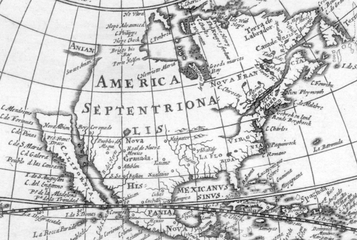 Map of North America according to the Dutch cartographer Hugo Allard (1620-1684), with the Basse-California peninsula represented in the form of an island off the west coast. Extract (American northern America) from the Novissima Totius Terrarum orbis Tabula planisphere (