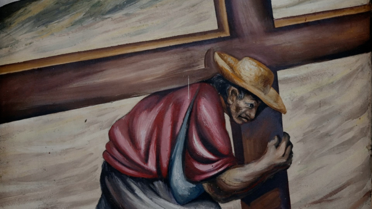 Detail of a wall fresco in which a poor peasant occupies the place of Christ. | The documentary workshop