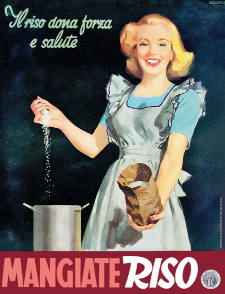 A propaganda poster praising the merits of rice: “Rice gives strength and health. Eat rice. 