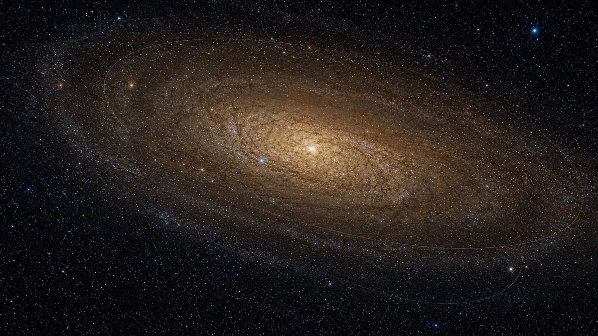 View of the inner galactic plane with faint spiral and stellar halo, subtle arcing orbital paths around the c
