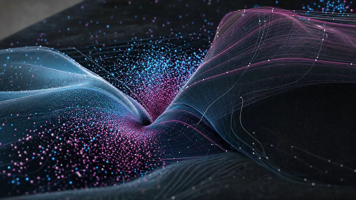 Abstract three-dimensional data blending graph: point clouds and smooth curves converging, no text, render style f