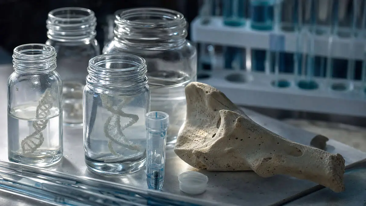 Laboratory table, subject: open glass jars and tubes with DNA samples, next to a bone; macro composition with