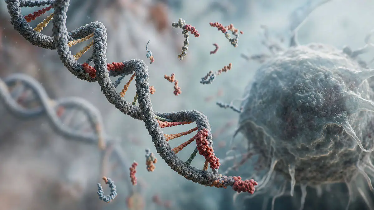 Scientific editorial illustration of a DNA double helix with sequences from an endogenous retrovirus integrated into the genome 