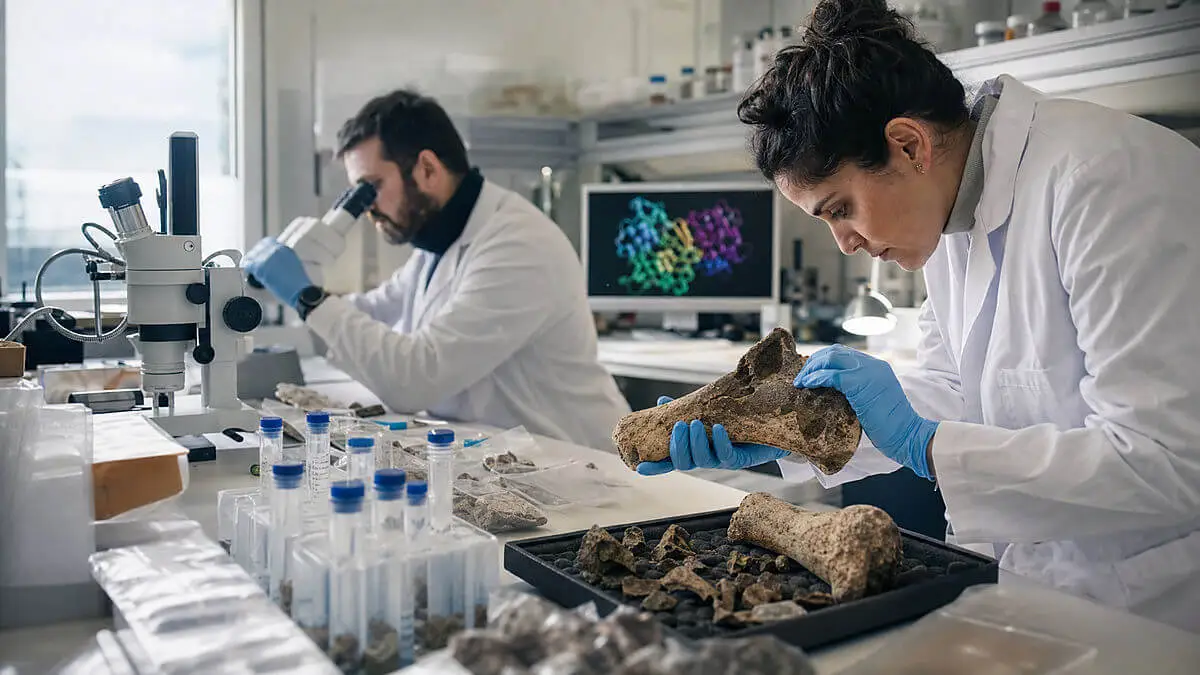 Scientific laboratory illustration showing specialists analyzing a sample of fossil bone and ancient proteins 