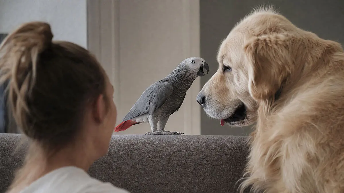 Editorial photograph of a domestic parrot looking and vocalizing towards a nearby person and dog, in a scene c