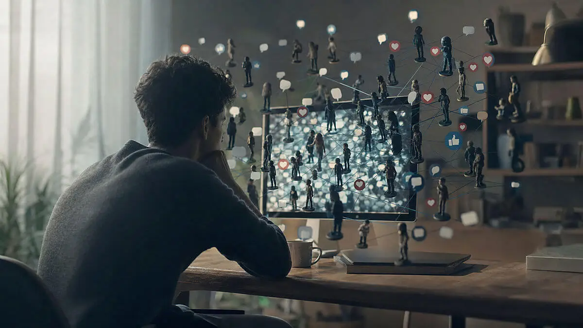Conceptual editorial illustration about social pressure on the internet: a person in front of a screen surrounded by a crowd