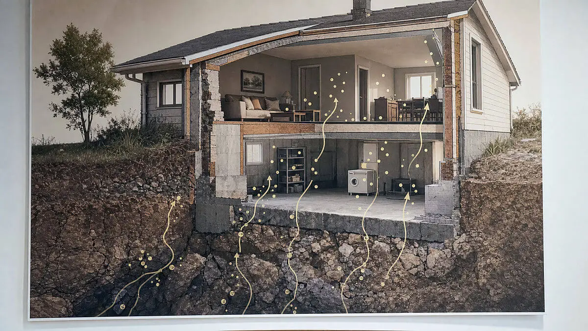 Editorial illustration in section of a house: radon rises from rocks and soil through pores and cracks, it enters through fissures 
