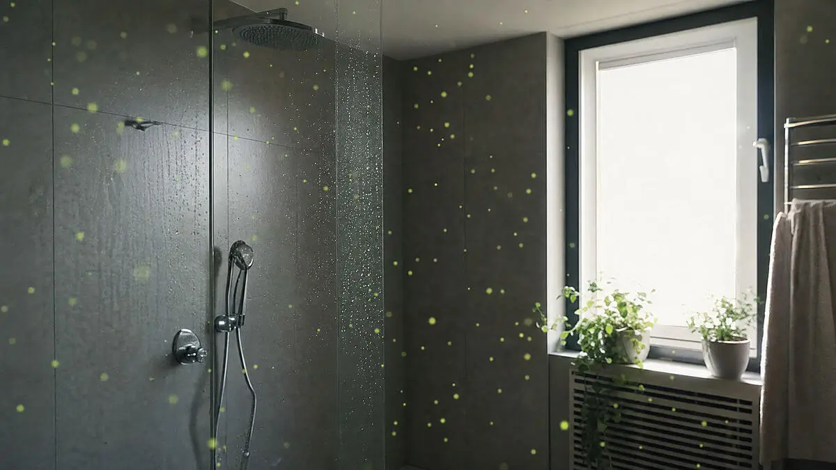 Editorial illustration of a bathroom after a warm shower: a person already out of the scene, shower still wet