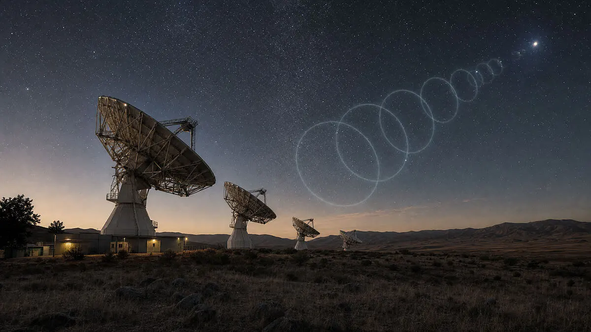 Editorial illustration of NASA Deep Space Network antennas beaming radio signals into space, with o