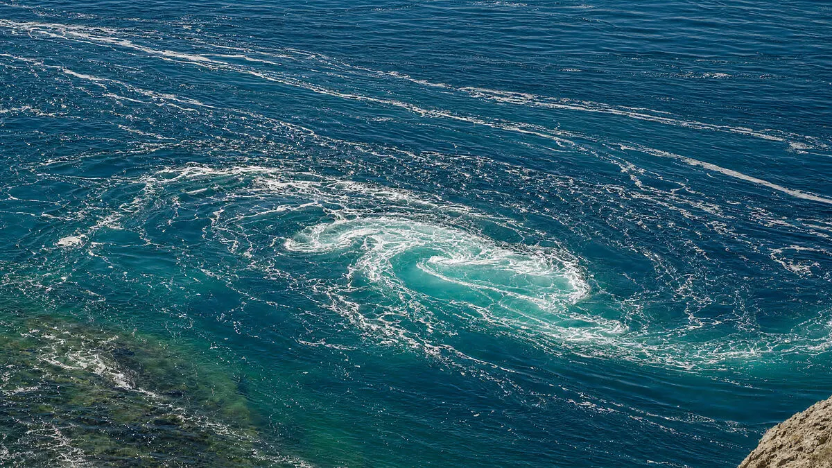 Visual mind map of currents over the ocean: fan-shaped trajectories around an eddy, without letters, vist