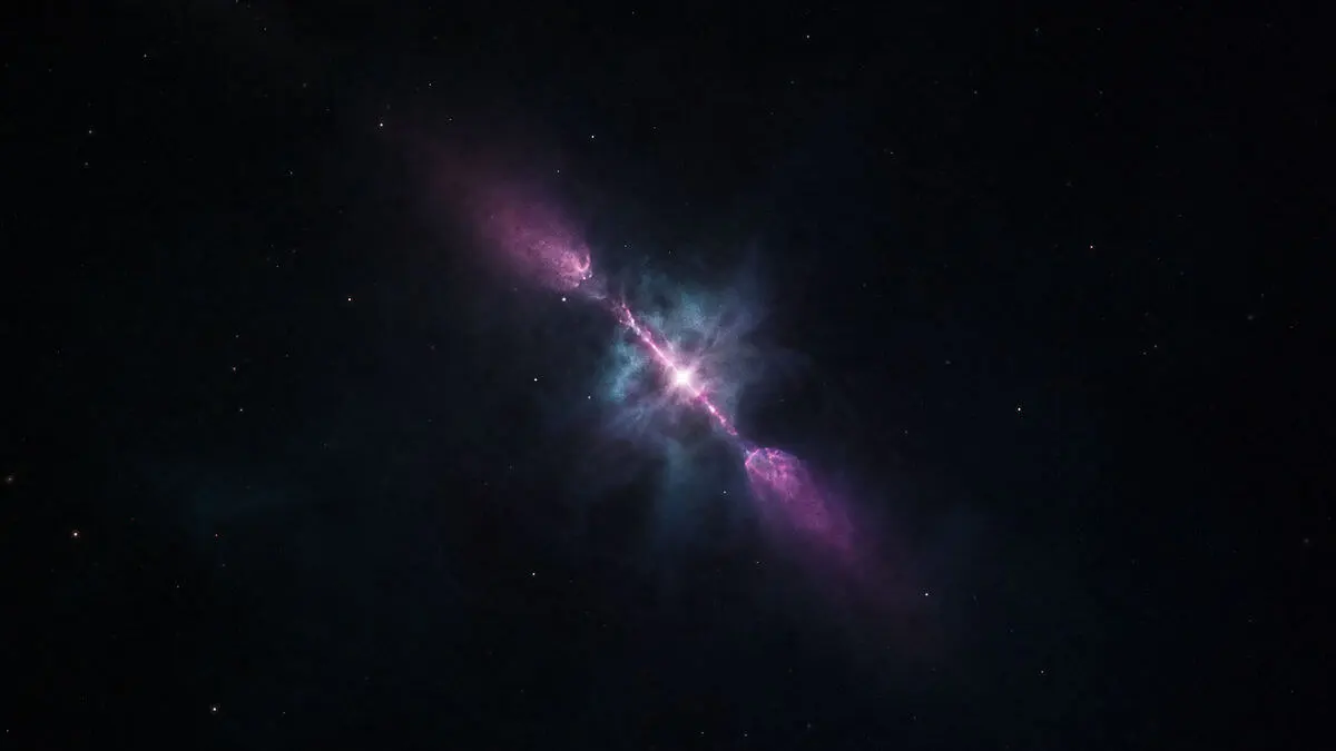 Detail of a jet observed in radio: collimated beams with luminous filaments, interstellar dust around, no object c