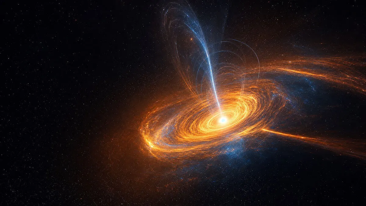 Close-up of the center of a galaxy: accretion disk spiraling around a dark spot, glowing gas, and whirlpool