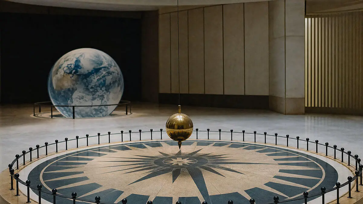Scientific illustration of a Foucault pendulum in a large space, with the pendulum suspended and the Earth represented in 